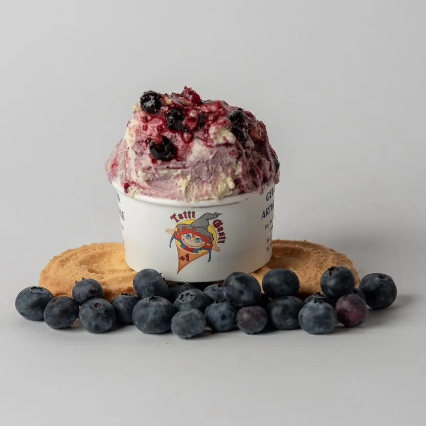 Coppetta di gelato meliga e mirtilli su un biscotto di meliga, con mirtilli freschi